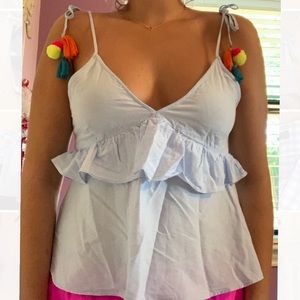 Zara TRF Light Blue Pom Pom Top